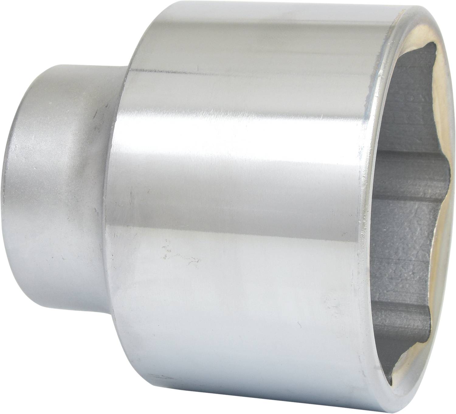 Metallic cylinder with a round, hollow opening on one side, likely a mechanical component or tool attachment.