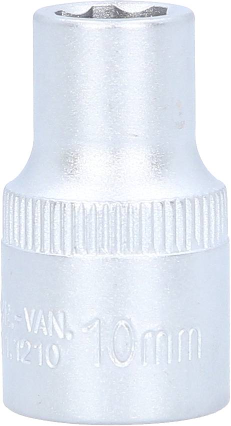 'Silver socket insert, 10 mm, with ridged handle, printed size and brand on the surface.'