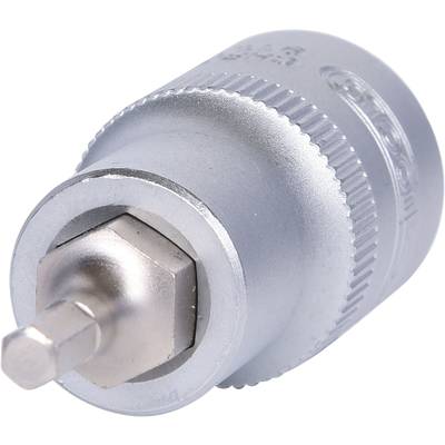 Silver socket insert, cylindrical, with hexagonal reception, suitable for hand tools and ratchets.