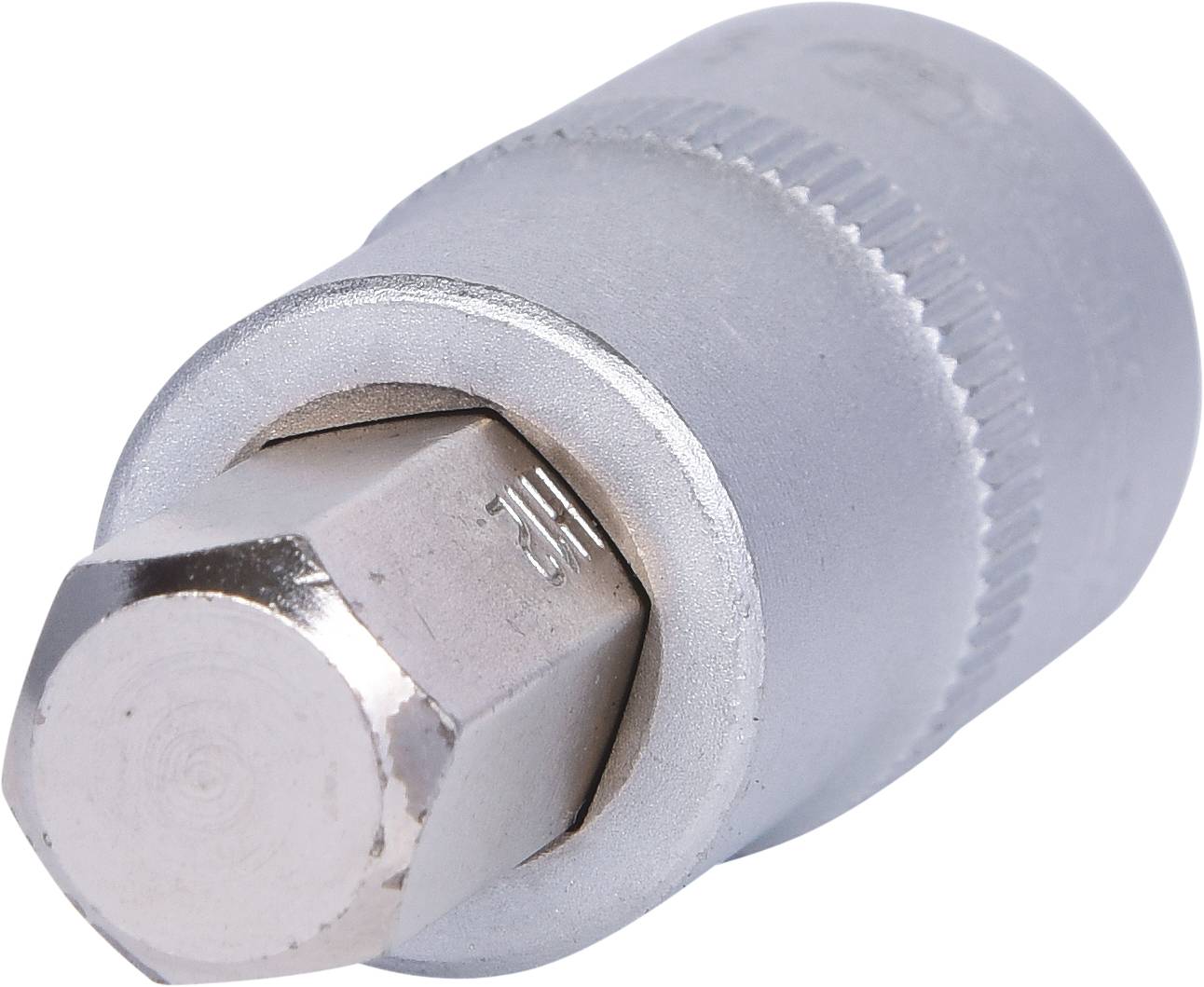 A silver hexagonal socket head cap screw with a knurled edge, used for fastening connections. It has a textured rim to provide better grip.