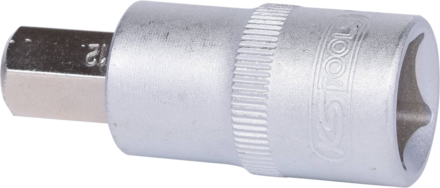 Metal socket with a ribbed edge, hexagonal recess, and engraved size marking '12'. Used for screw-related work.