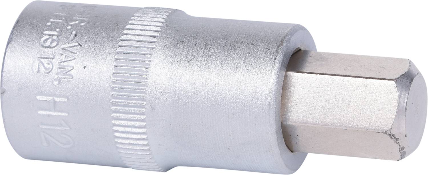 A silver socket extension with a hexagonal end and engraved markings. Suitable for screw-related tasks.