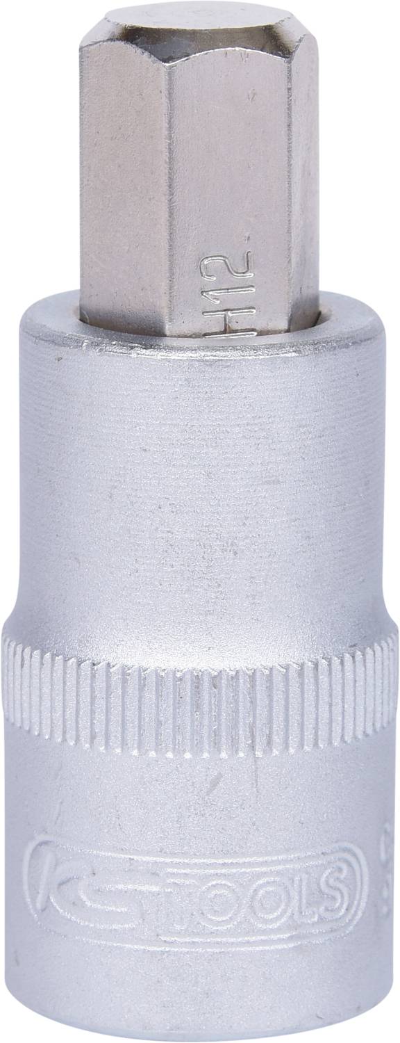 Hexagonal metal socket insert, with embossed size indication, used for tightening and loosening screws.