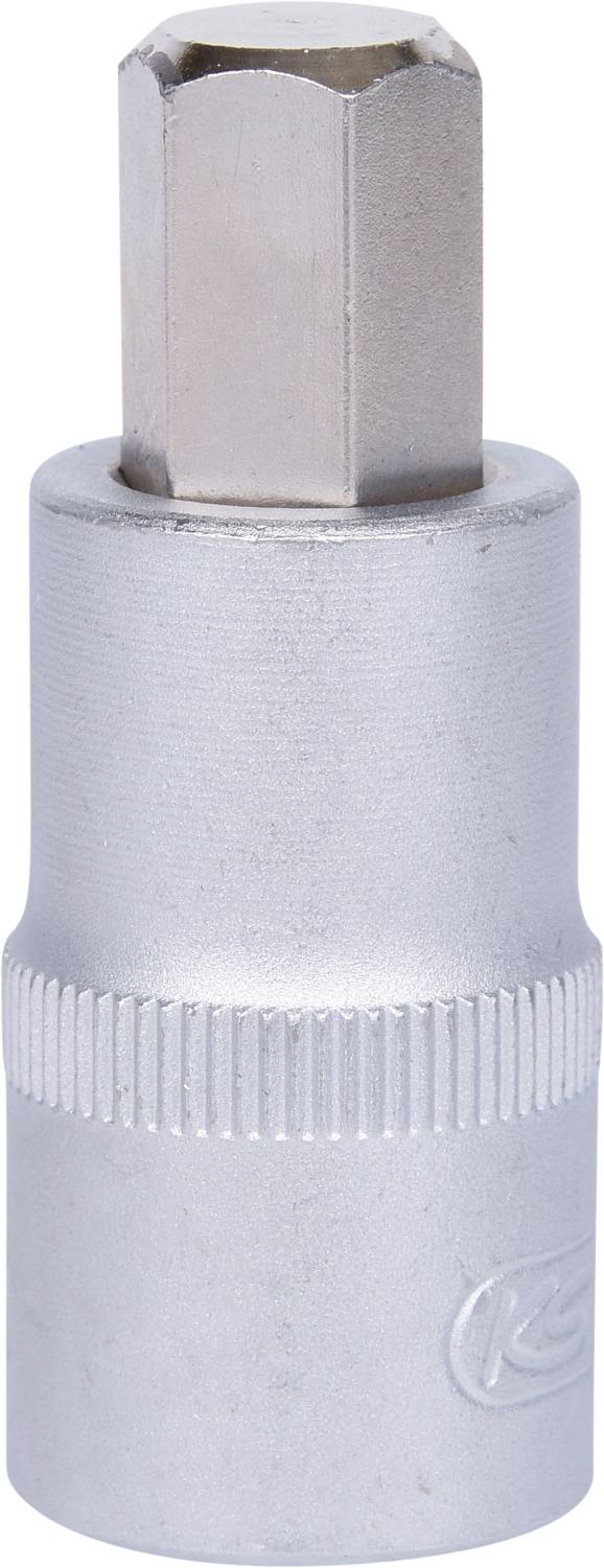 Silver-plated hexagonal socket adapter for use with a spanner or ratchet.