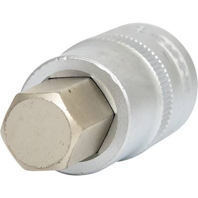 Close-up of a metal socket attachment, hexagonal shape, silver colour.