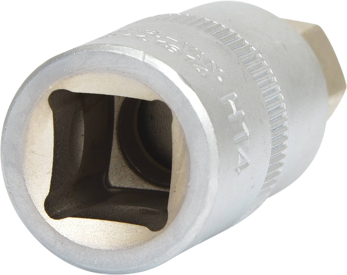A silver square drive socket, suitable for use with a torque wrench or a ratchet.