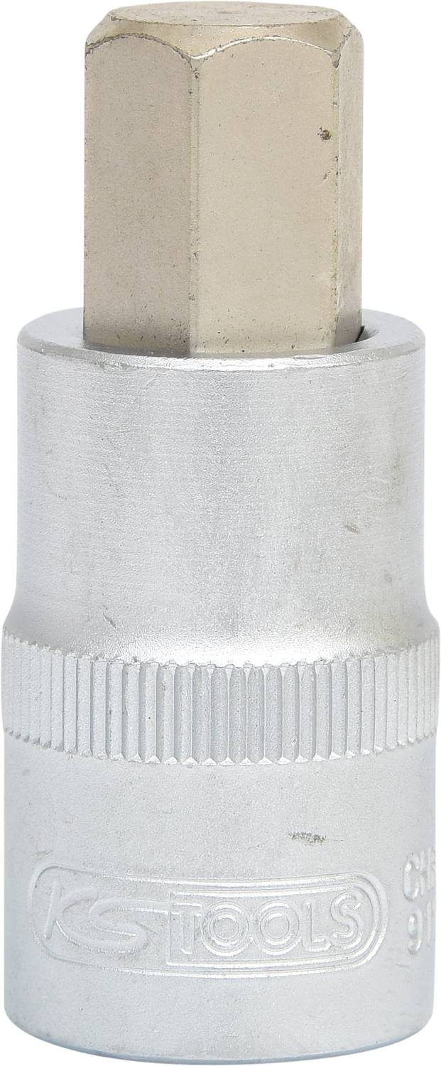 Hexagonal impact socket made of metal, with a silver surface, marked with 'KS Tools' logo. Used in automotive repair.