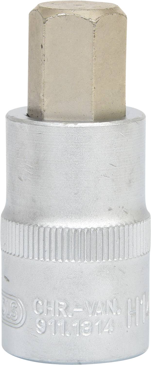 Chrome vanadium steel socket, size 'H14', cylindrical shape with knurled handle.