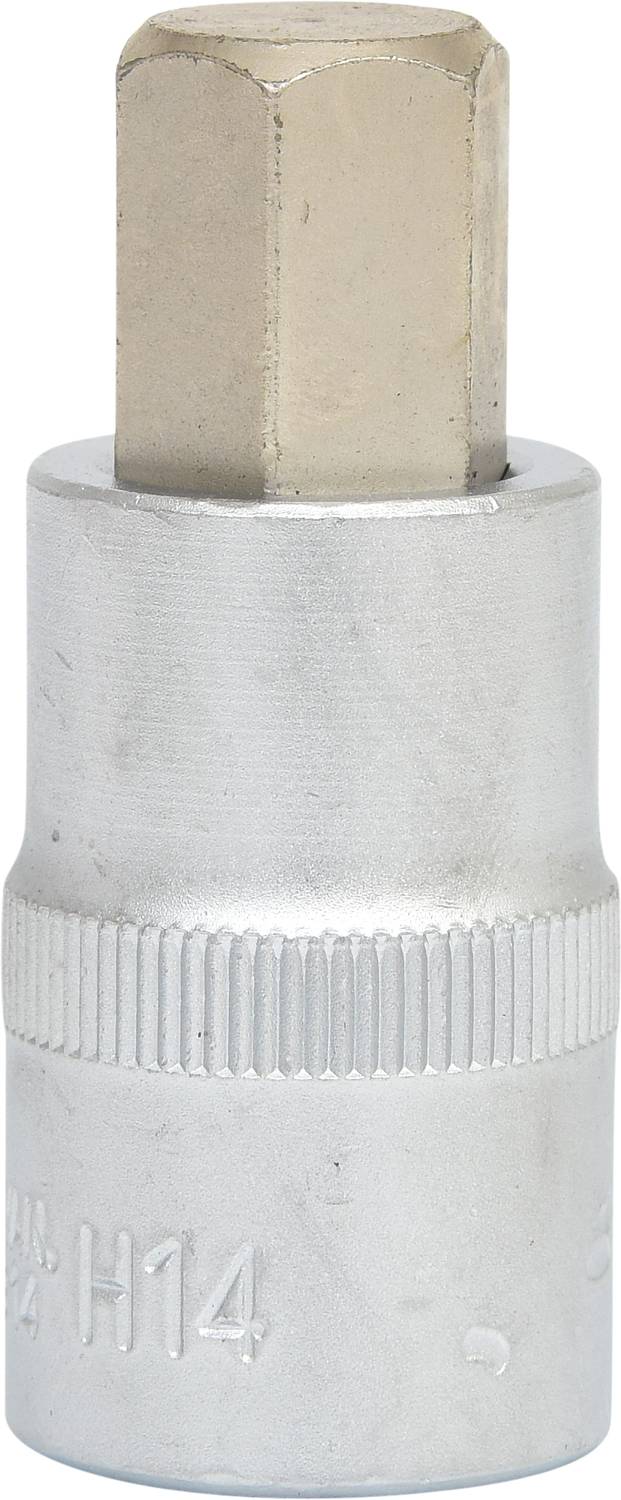 Metal spanner with hexagonal tip, silver-coloured.