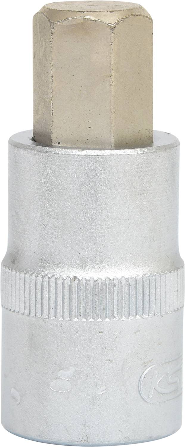 Silver-coloured socket spanner with a hexagonal internal profile. Suitable for loosening or tightening screws and nuts.