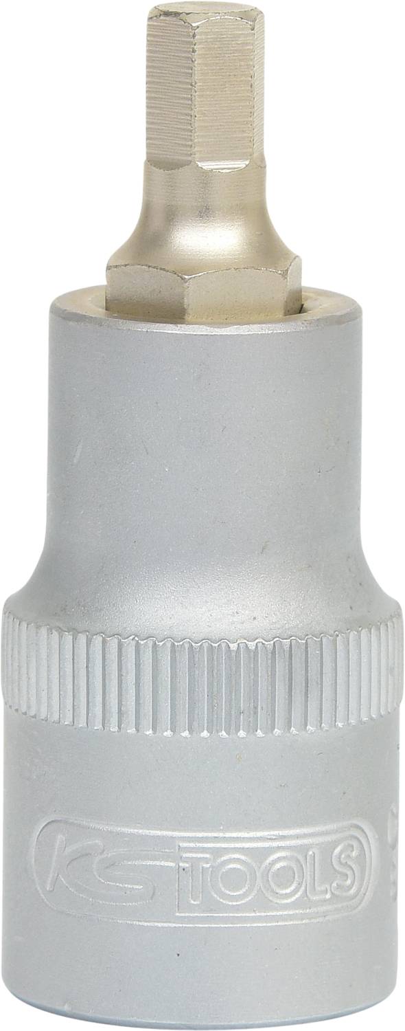 Silver bit socket with knurled edge and hexagonal head, tool by KS Tools.