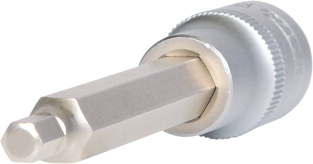 Close-up of a silver hex key (Allen key) made of metal, with a hexagonal head, against a white background.