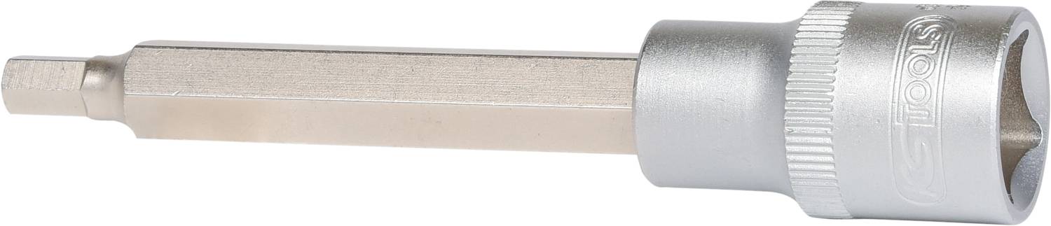 A silver, hexagonal socket nut with a hexagonal extension, suitable for precise screwing or fastening.