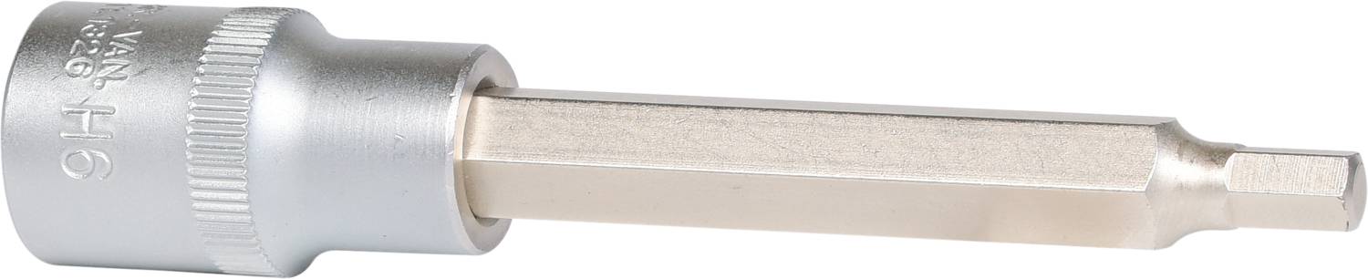 Six-sided bit socket made of metal, silver-coloured, with hexagonal shaft and knurled handle. Suitable for screw sleeves.