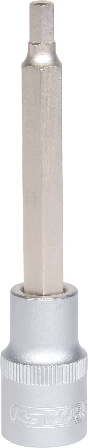 Hexagonal bit attachment with silver mounting and long, narrow bit, suitable for screw-related tasks.