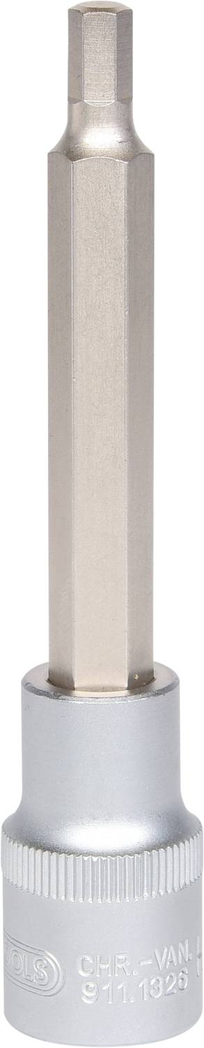 A silver socket with a long hexagonal head. It is used for loosening or tightening screws.