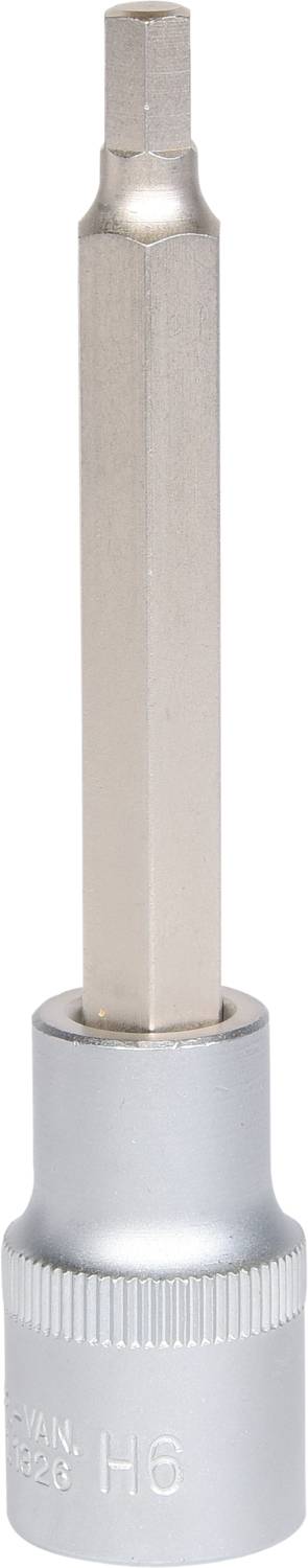 A socket key attachment with a hexagonal bit, suitable for use with ratchets or other appropriate tools.