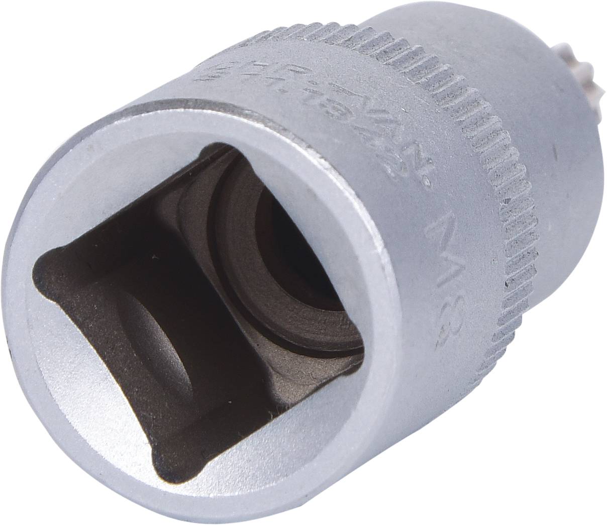 A silver hexagonal tool with a hole in the centre, suitable for nuts or bolts. Primarily manufactured from metal.