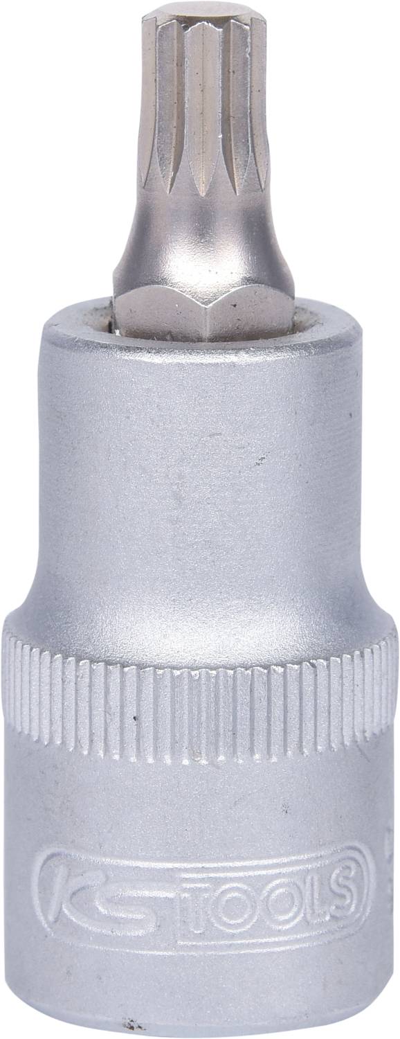 A silver Torx bit socket with a knurled grip for enhanced grip, used for tightening or loosening screws and bolts.