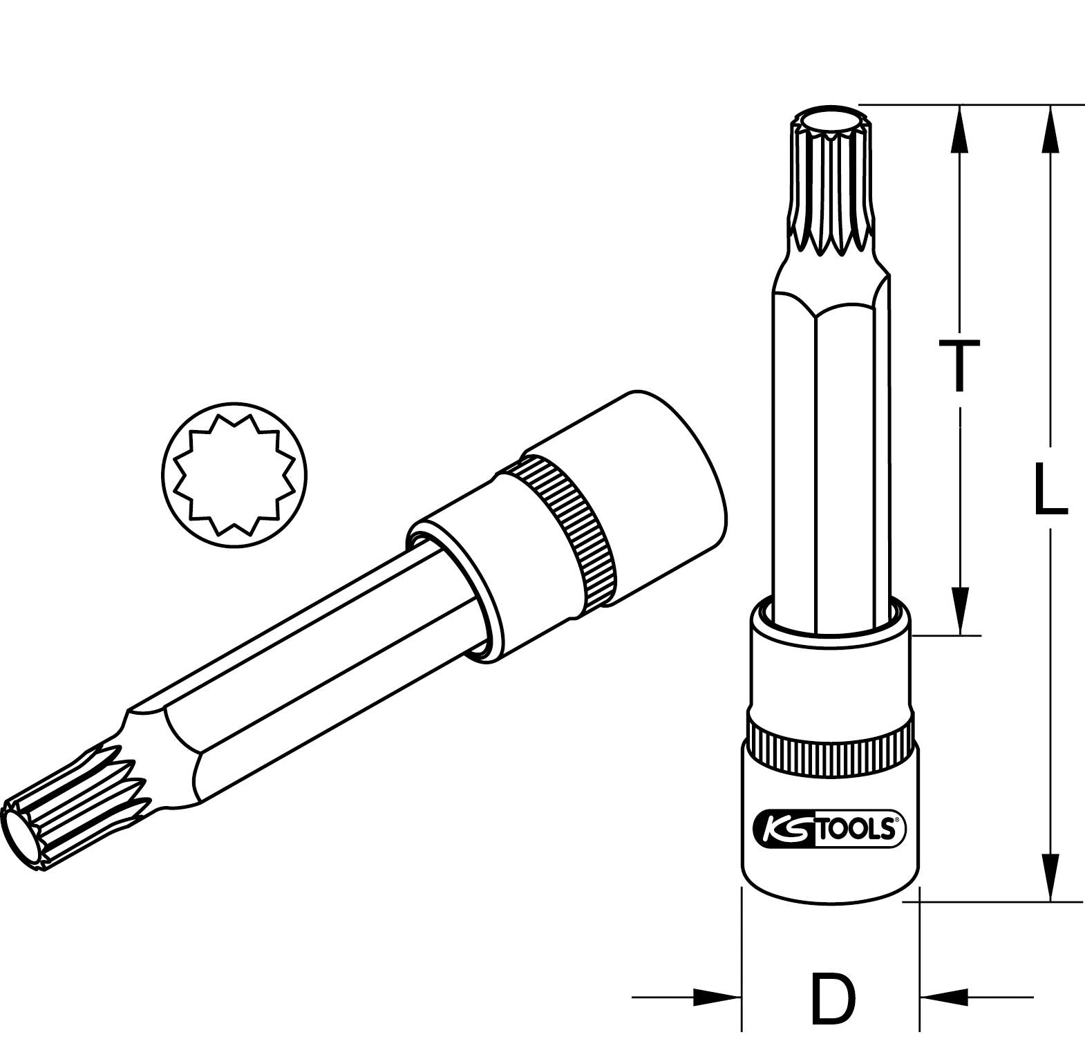 A drawing of a socket wrench with an internal hexagonal profile. Markings for length (L) and diameter (D) are indicated.