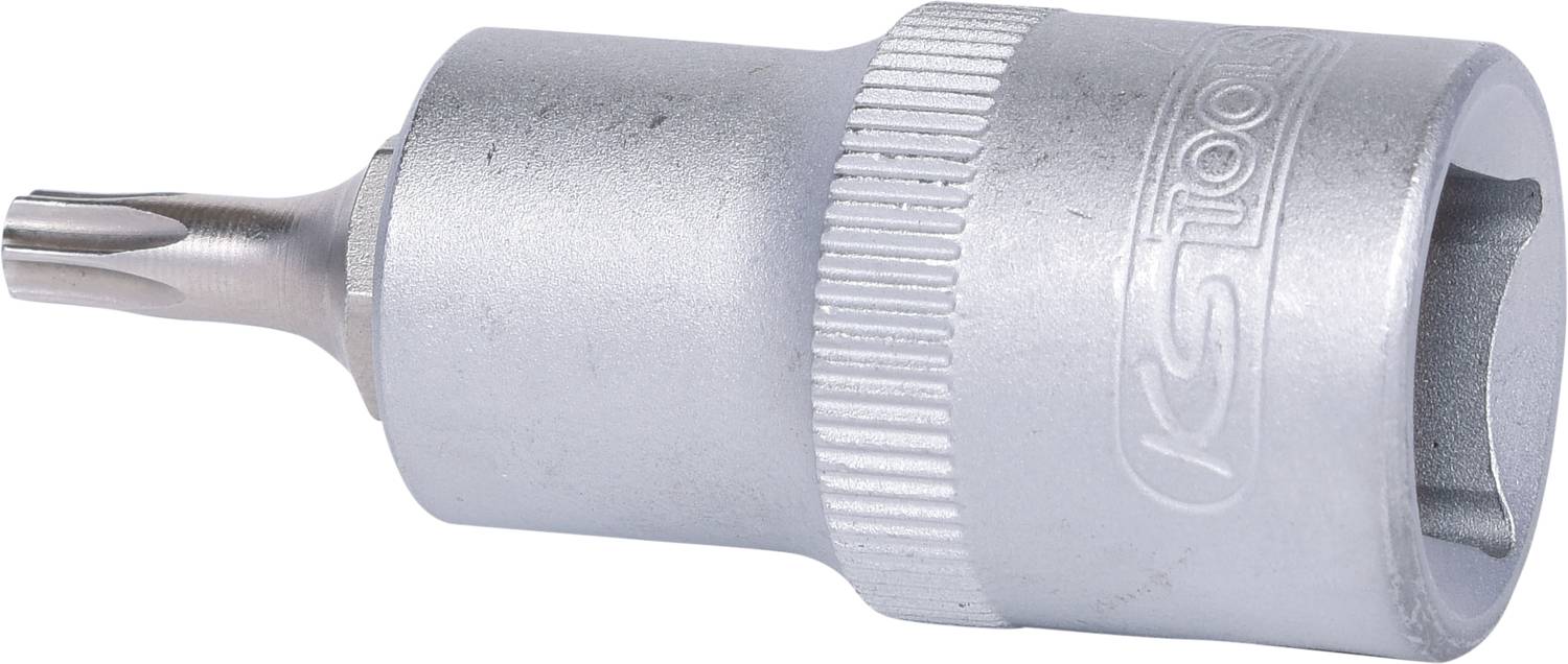 A silver socket key insert with a Torx bit. The tool has knurled sides for better grip and is suitable for Torx screws.