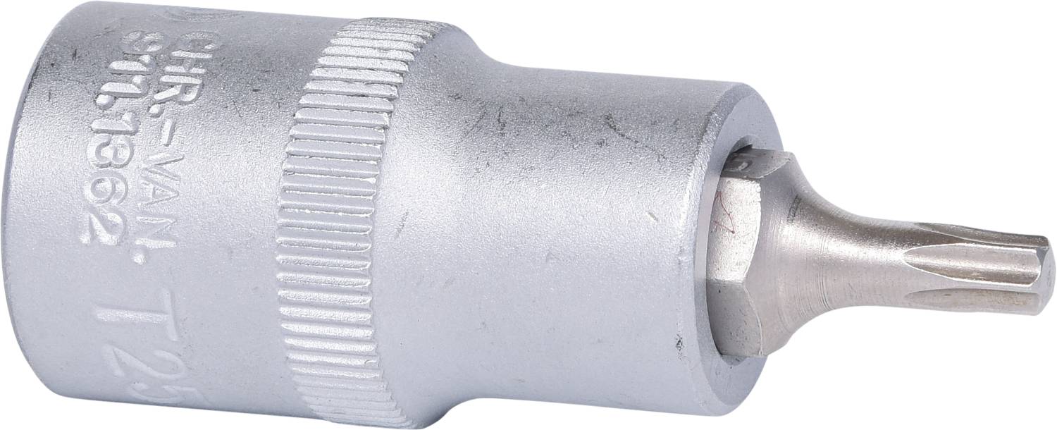 'Screwdriver bit with T25 Torx tip, cylindrical shape, made of metal, knurled grip surface for improved grip.'