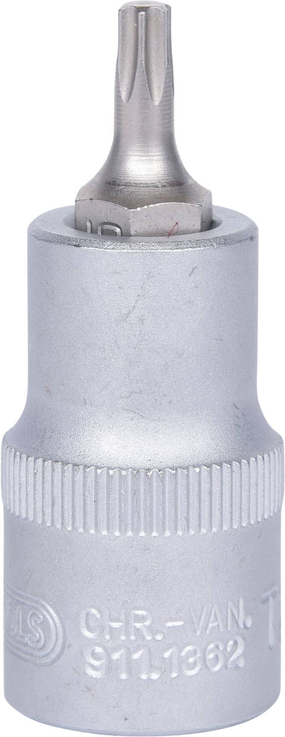 'Silver screwdriver bit with Torx head, suitable for work on vehicles or machinery, made from chrome vanadium steel.'