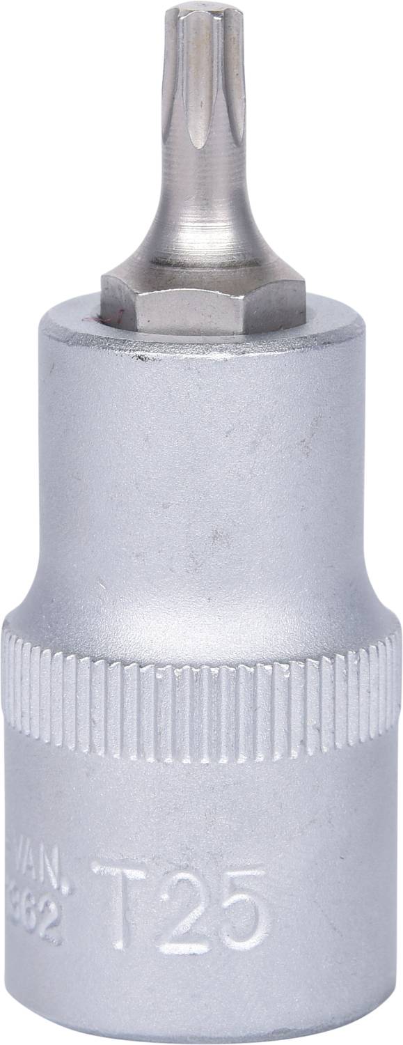 A silver-coloured T25 Torx bit attachment with a knurled grip and hexagonal socket for spanners.