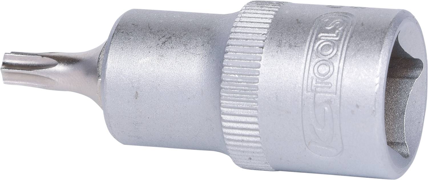 A silver Torx bit socket adapter with a knurled grip, suitable for working with screws featuring a Torx profile.