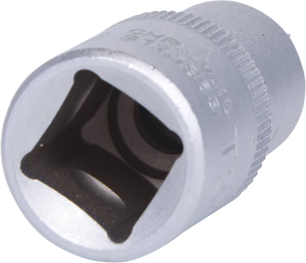 'Metal socket with square opening, serrated edge and printed text, used for socket key.'