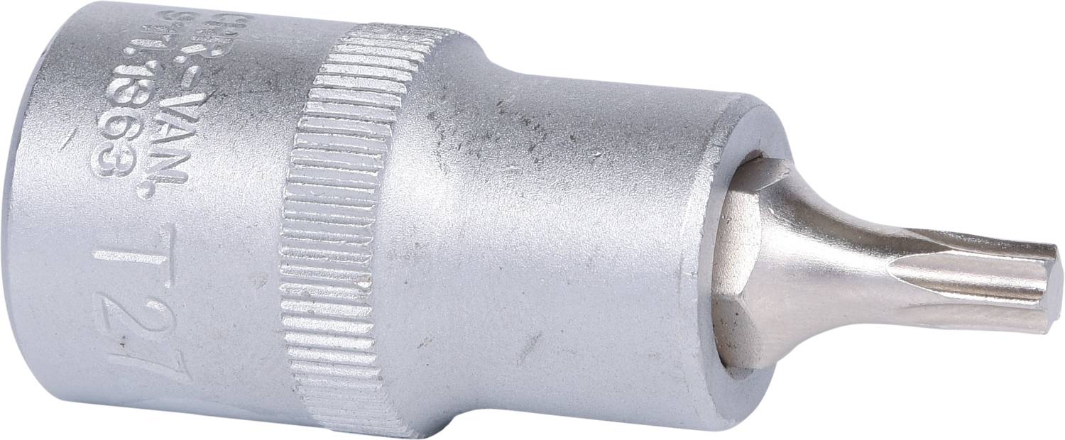 Torx Bit T21, silver-coloured, with a cylindrical shaft and knurled edge for improved grip.