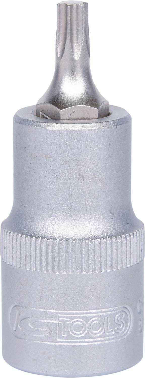 Silver-coloured screwdriver bit attachment with a knurled grip and hexagonal head, suitable for precise work.