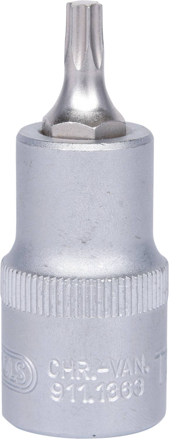 A silver Torx bit with a knurled handle and side marking, used for screw-related tasks.