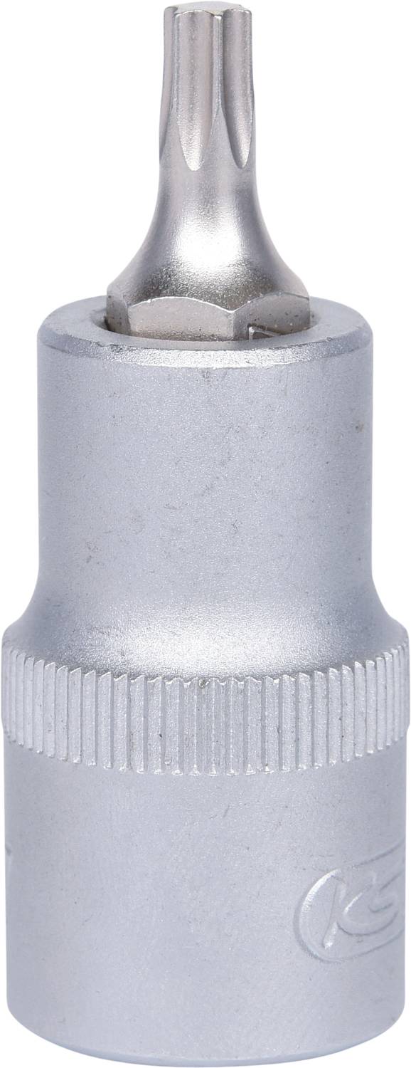 'Silver metal T-profile bit attachment, front view.'