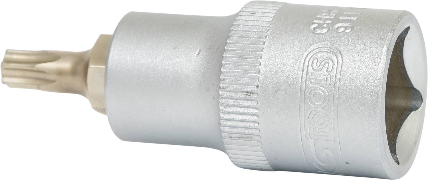 Metal bit attachment for screwdriver, hexagonal in shape with a knurled handle. Suitable for precision work on screws.