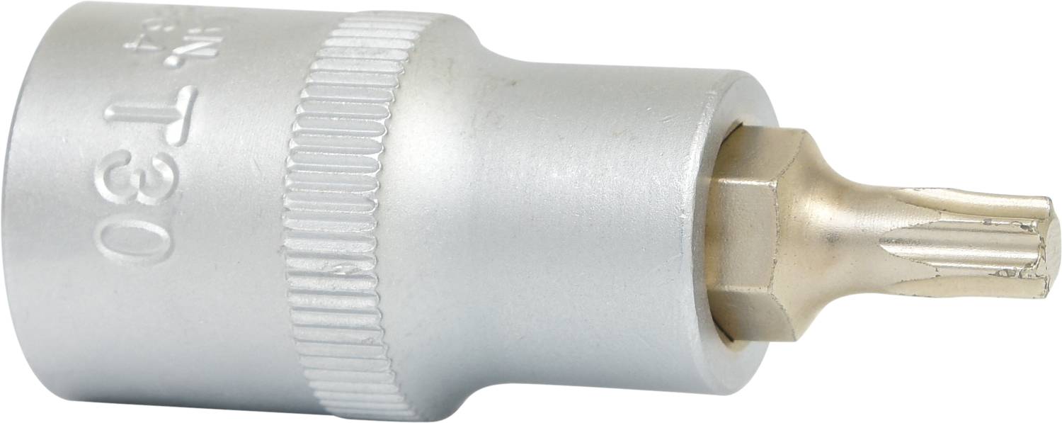 A silver T30 Torx bit attachment made of metal, shown from the side, with distinctive knurling for better grip at the base.