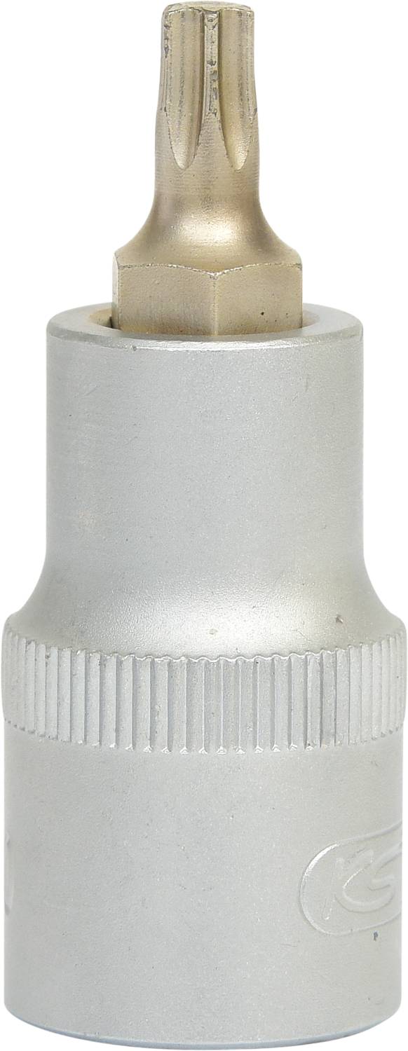 Metal socket key attachment with a knurled handle and star-shaped bit tip.