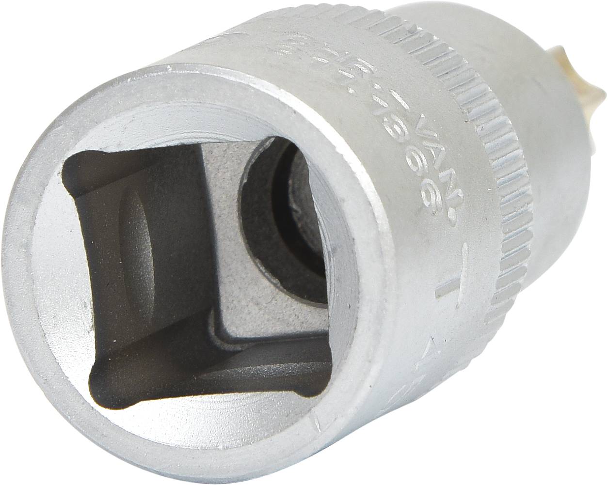 A silver socket drive insert for screws, cylindrical with a square opening, suitable for tools and repairs.