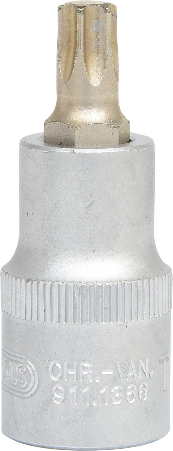 Metal tool attachment with a Torx head, suitable for screwdrivers, shows an inserted Torx bit and size marking.