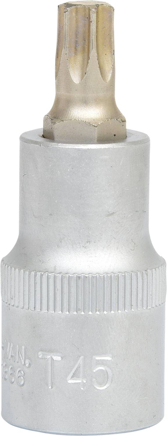 Torx socket key attachment in size T45, made of silver-coloured metal, against a white background.