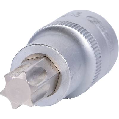 A silver star-bit attachment with seven points, diagonal view. Tool for securing screws in craft applications.