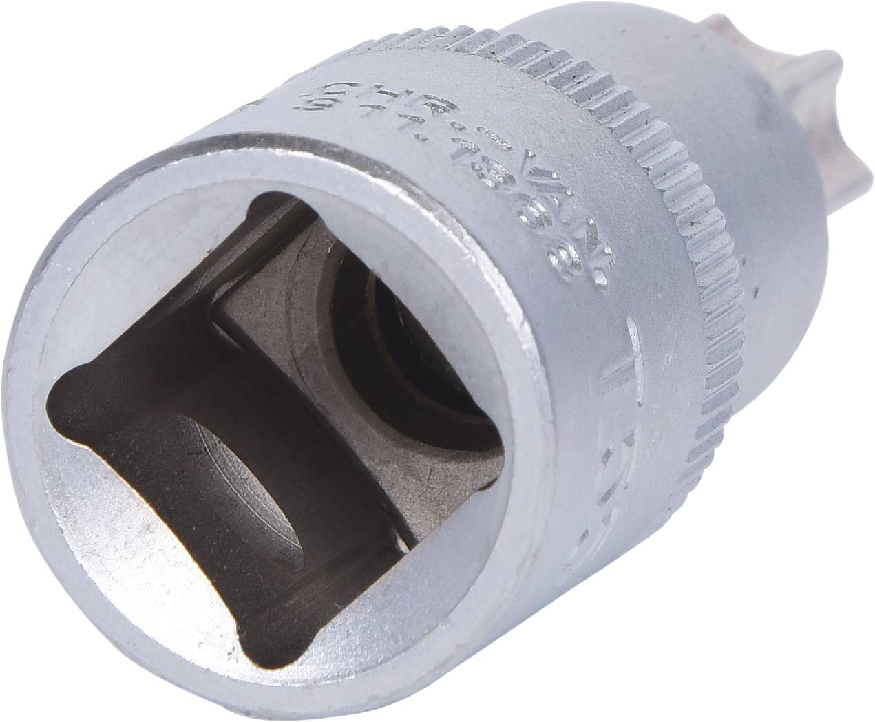 Metal socket bit attachment with gears, viewed from the side. Suitable for spanners, enables tight tightening.