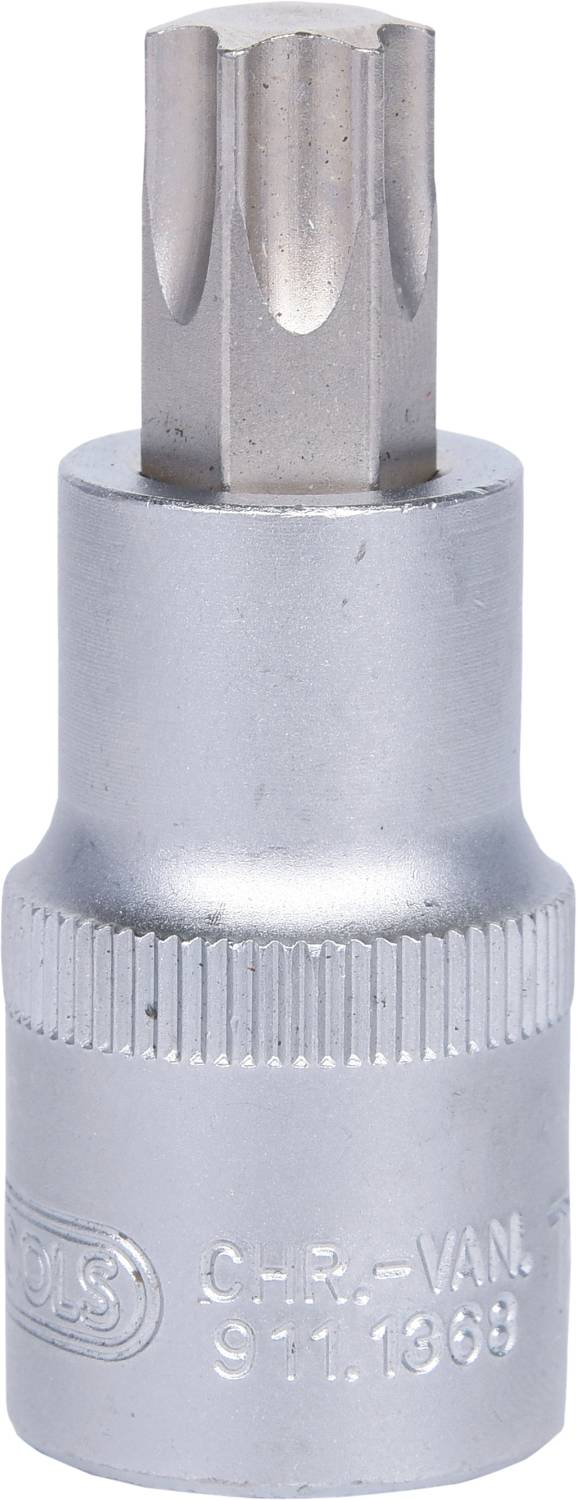 A silver socket bit with a cylindrical shape and serrated grip. Suitable for use with a spanner.