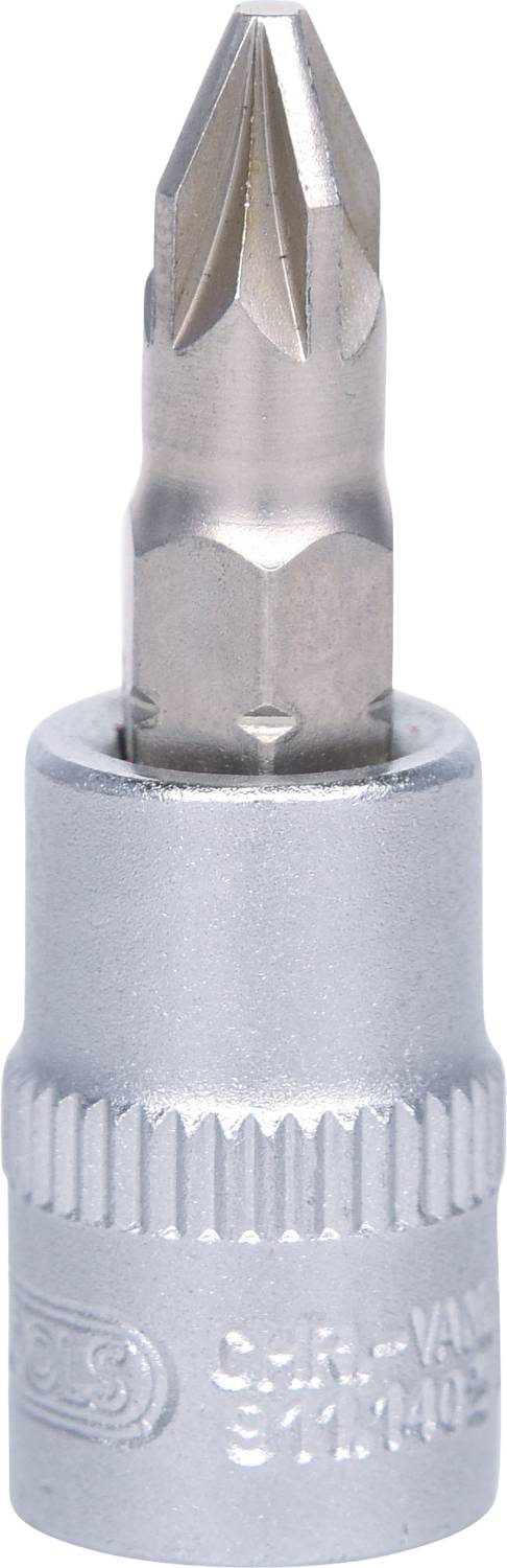 A silver cross-head screwdriver bit, suitable for use with a ratchet tool.