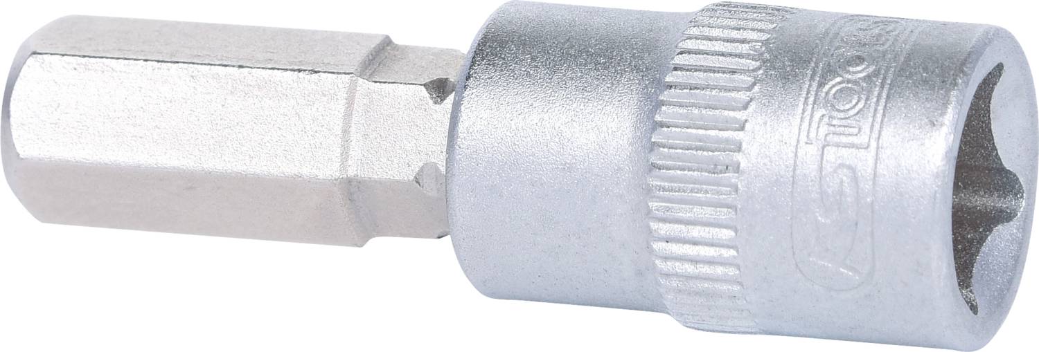 A silver hexagonal socket extension with a fluted edge, suitable for assembly work.