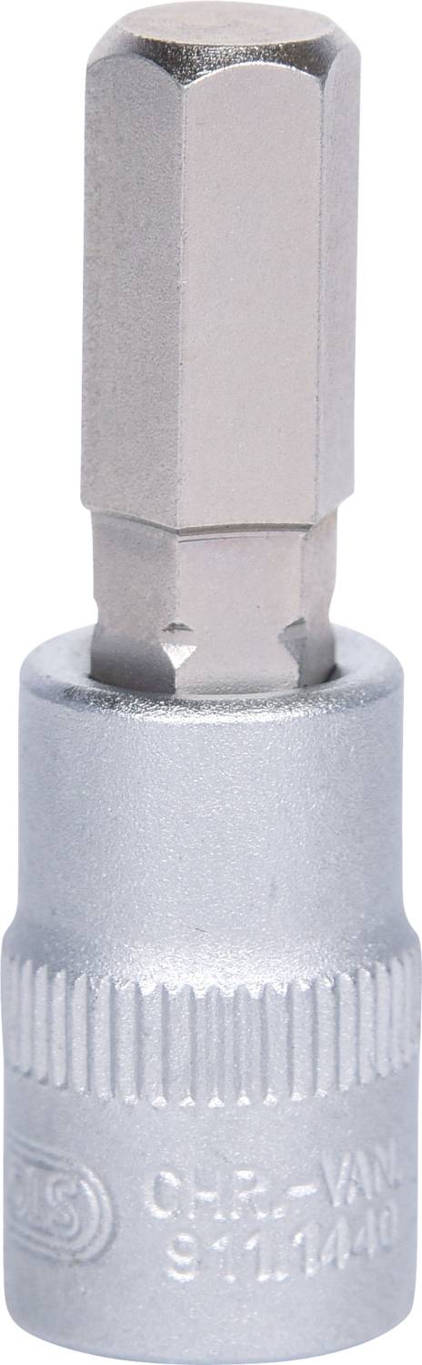 A silver hexagonal bit socket made of chrome vanadium steel, cylindrical with a non-slip grip, suitable for screw-related tasks.