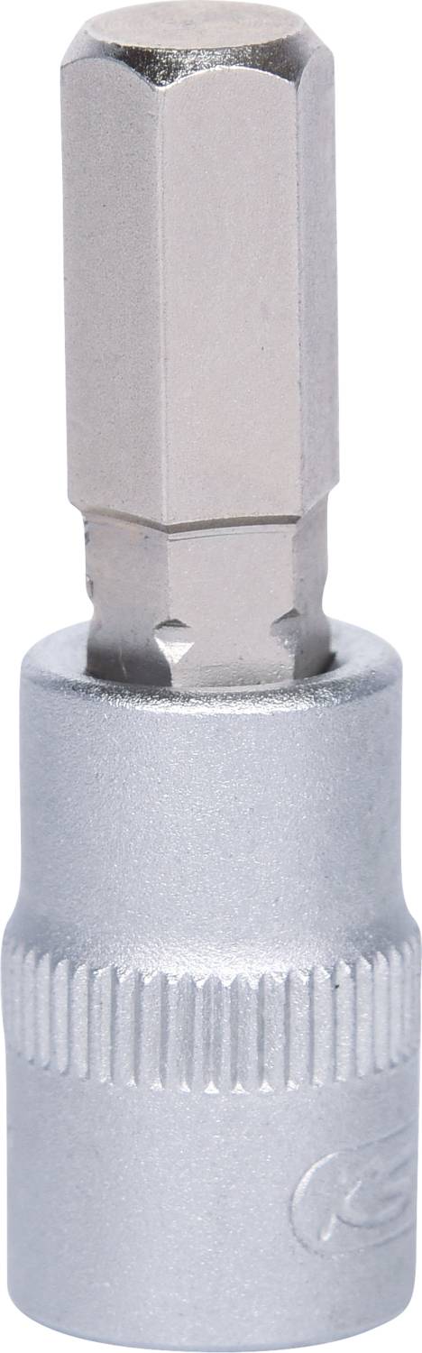Silvered metal hexagonal bit adaptor with a knurled surface on top. Used for screw-related tasks with compatible tools.