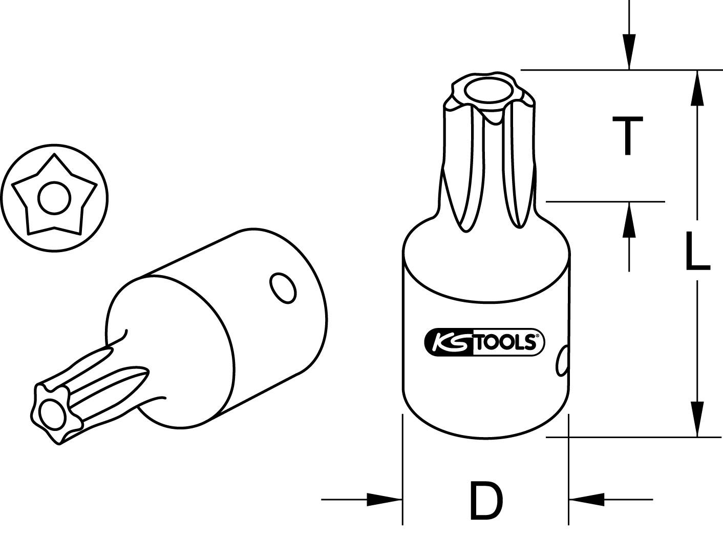 Illustration of a tool with T-profile and Torx screw head. Measurement: Diameter 'D', overall length 'L', shaft length 'T'. Marking 'KS TOOLS'.