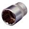 A silver socket attachment with a fluted edge and twelve teeth, suitable for loosening or tightening screws.