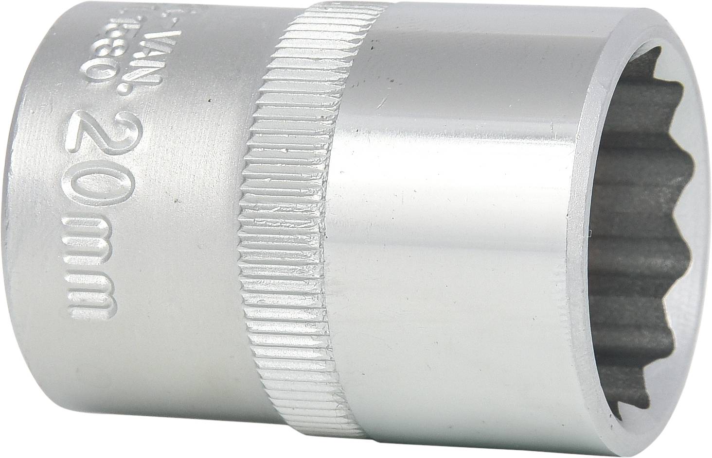 A silver pin nut with the engraved size of '20 mm'. It has a knurled surface for better grip.